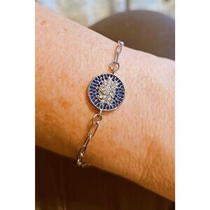 Handmade Lotus CZ Charm Bracelet Blue Stainless Steel Adjustable Paperclip Chain